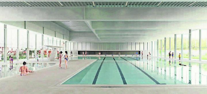 Drei Varianten wurden erarbeitet. Vertieft widmete man sich der Kombination zwischen «öffentlichem Hallenbad» und «kommunalem Freizeitbad». Dies entspreche der Vision und Idee der Burkertsmatt am besten. Visualisierung und Modell: zg