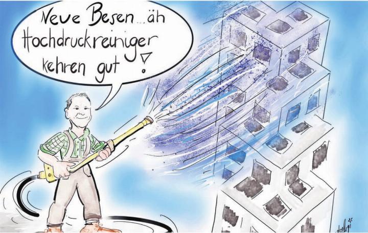 Die Aktion ist eine knappe Woche her – Karikaturistin Etschgi ist jedoch immer noch begeistert und setzte Gemeindeammann Roland Vogt in den Mittelpunkt ihrer Zeichnung: «Mit Hochdruck an die Arbeit. Ein Denkmal pflegen braucht Einsatz, und so kann man diesem Denkmal zu neuem Glanz verhelfen. Das ist Einsatz für ein kulturelles Gut. Aber denk mal, Kultur braucht generell neuen Glanz … – und das ist gut so», schreibt sie zur Brunnenputzaktion des Wohler Gemeinderats.
Bild: etschgi