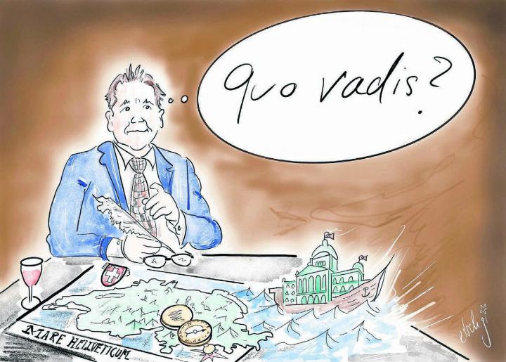 Morgen Mittwoch wird nicht nur ein neuer Bundesrat, sondern auch ein neuer Bundeskanzler gewählt – der Nachfolger von Walter Thurnherr. «Der Navigator geht von Bord» (Freiämter Regionalzeitungen), «Der klügste Kopf im Bundesrat» (Tages-Anzeiger), «Eine der einflussreichsten und mächtigsten Personen im Bundeshaus» (Aargauer Zeitung) – «das ist Walter Thurnherr, ein Junge, der in Wohlen aufgewachsen ist, im FCW Fussball spielte und seine Kollegen immer noch in der Region hat, seine Ausbildung und seinen Weg bis nach Bundesbern machte ... eine inspirierende Persönlichkeit», schreibt Karikaturistin Etschgi. «Er weiss viel und offenbar weiss er auch, wann es Zeit ist, von Bord zu gehen. Aufhören ist immer schwierig, den richtigen Zeitpunkt setzen ebenfalls. Ich denke, auch das weiss er ... Ich wünsche viel Zeit für Neues ...» Bild: Etschgi
