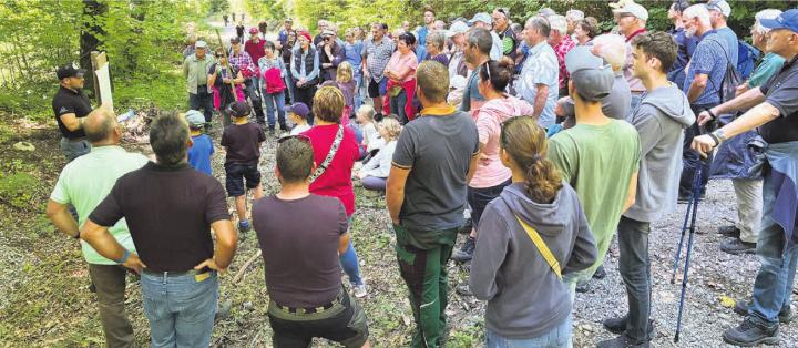 Die Waldumgänger erfuhren viel Wissenswertes über die Tätigkeit des Forstbetriebs Rietenberg. Bild: gk