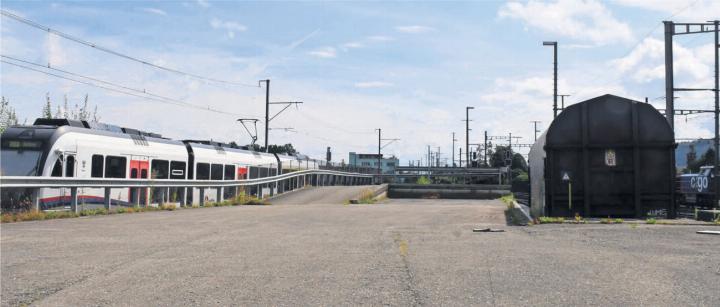 Der Freiverlad muss zu erst weichen, dann kann das Gebiet «Bahnhof Süd» weiterentwickelt werden. Zur Weiterentwicklung zählt auch die neue Führung von Aargau Verkehr (links), die Endstation wird dann zum SBB-Bahnhof führen und die Umsteigequalität verbessern. Bilder: Archiv