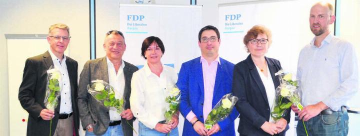 Sie gehen für die FDP Muri an den Grossratswahlen auf Stimmenfang. Von links: Tobias Knecht, Alexander Eigensatz, Franziska Hirzel, Stefan Huwyler, Henrieta Suter und Martin Arnold. Es fehlt: Joshua Netzer. Bild: Thomas Stöckli