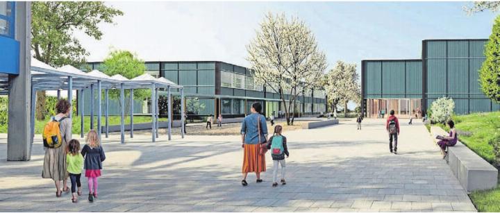 Das neue Schulhaus (links) und die neue Doppelturnhalle werden in Richtung des Parkplatzes Aettigüpfstrasse stehen. Bilder: zg