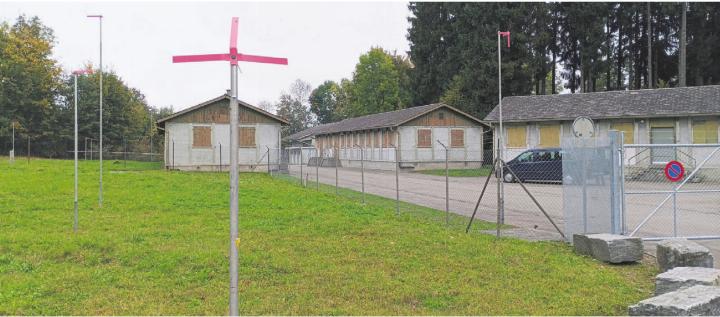 Die Bauprofile – vorne das für den angepassten Verlauf der Einzäunung – zeigen die auf dem Areal des Bundes in Bettwil geplanten Bauten an. Bilder: Thomas Stöckli / zg