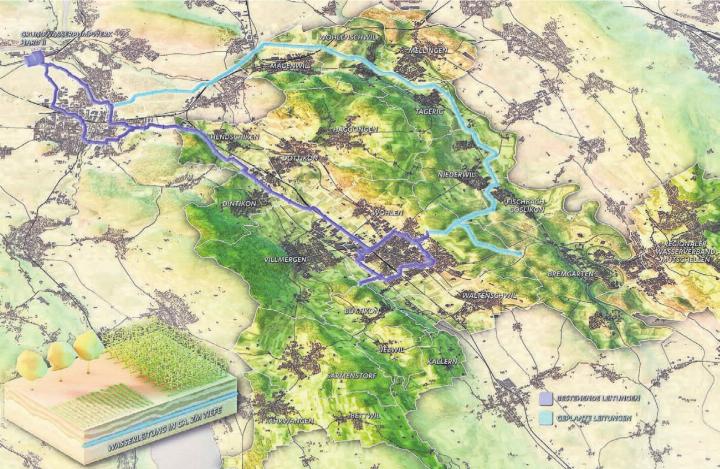 Das Vorprojekt steht, die Linie der neuen Leitung im Reusstal (hellblau) führt entlang von Strassen, aber auch durch Kulturland und durch den Wald: Die IKA «Wasser 2035» umfasst insgesamt 19 Gemeinden sowie die privatrechtlich organisierte IB Wohlen AG (ibw) und den Regionalen Wasserverband Mutschellen. Bilder: pd / Daniel Marti