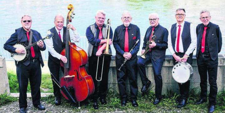 «Horner’s Winter Garden Jazz Orchestra». Von links: Willy-Marc Schmid, Andres Brändli, Denis Liechti, Christoph Aeschbach, Jean-Claude Guillod, Pitsch Bachmann, Kurt Fricker. Bild: pd