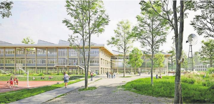 Die Aussenansicht des Siegerprojekts: So soll sich die erweiterte Kanti Wohlen zum Schuljahresstart im August 2032 präsentieren. Bild: pd Die Aussenansicht des Siegerprojekts: So soll sich die erweiterte Kanti Wohlen zum Schuljahresstart im August 2032 präsentieren. Bild: pd