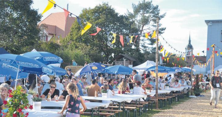 Gefragte Schattenplätze am Dorffest in Oberlunkhofen. Zu den abendlichen Stosszeiten füllten sich die Festbänke hier und im Zelt komplett. Bilder: Thomas Stöckli