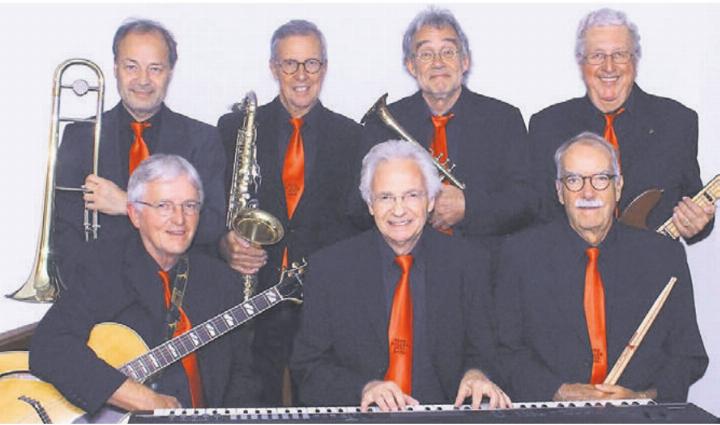 Die Herb Miller Jazz Band: Herb Müller, Piano, Gesang; Markus Hächler, Trompete; Jürg Morgenthaler, Klarinette, Saxofon; Rolf Treichler, Posaune; Heinz Gysin, Gitarre, Banjo; Rolf Eichenberger, Bass; Daniel Hofmann, Schlagzeug. Bild: zg