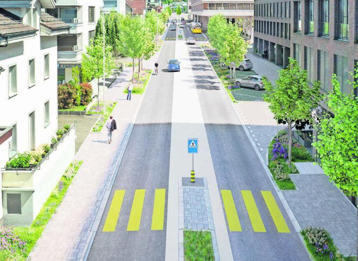 So soll die Zürcherstrasse bald aussehen: viel Grün mit Bäumen, Blumen-Rabatten, neuen Fussgängerstreifen, Strassen-Mittelstreifen und grosszügigen Trottoirs. Alles abgestimmt auf Schwesterprojekte wie die neue ÖV-Drehscheibe (im Hintergrund rechts).