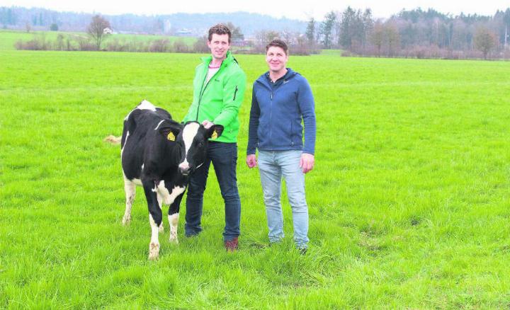 OK-Präsident Sandro Vollenweider (rechts) mit Mathias Suter und dem Kalb «Mulnowe», das der Festsieger erhält. Bilder: zg/Archiv