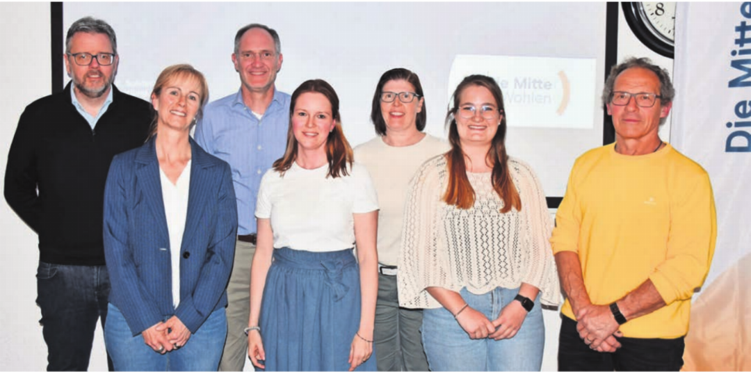 Der neue und vergrösserte Vorstand der Mitte (v. l.): Pius Cavelty, Vizepräsidentin Sonja Isler-Rüttimann, Michael Rorato, Präsidentin Stefanie Dietrich, Ursula Giger Wertli, Einwohnerrätin Aline Knoblauch und Fraktionspräsident Daniel Heinrich. Es fehlt: Arlette Bär. Der neue und vergrösserte Vorstand der Mitte (v. l.): Pius Cavelty, Vizepräsidentin Sonja Isler-Rüttimann, Michael Rorato, Präsidentin Stefanie Dietrich, Ursula Giger Wertli, Einwohnerrätin Aline Knoblauch und Fraktionspräsident Daniel Heinrich. Es fehlt: Arlette Bär.