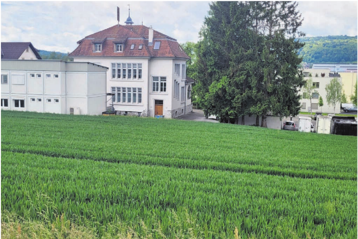 Hier, hinter dem Schulhaus und neben dem Provisorium, soll schon bald ein Doppelkindergarten stehen. Das Land befindet sich im Besitz der Gemeinde. Am Montag geht es um einen Projektierungskredit. Bild: Chregi Hansen