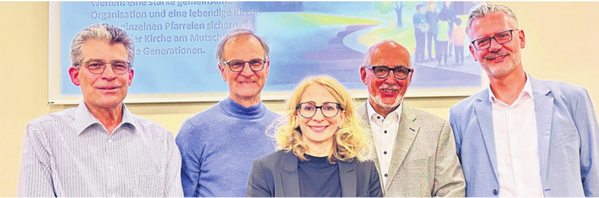 Die Projektgruppe glaubt an eine gemeinsame Zukunft: (v. l.) Marcel Huber (Präsident Kirchgemeinde Berikon-Friedlisberg-Rudolfstetten-Bergdietikon), Franz Rutzer (Präsident Kirchgemeinde Eggenwil-Widen), Esther Werthmüller, Georges Rey (Vorsitzender Projektgruppe, Präsident Kirchgemeindeverband am Mutschellen und Präsident Kirchgemeinde Oberwil-Lieli), Michael Jablonowski (Gemeindeleiter Pastoralraum am Mutschellen). Bild: zg - Das Bild wird blockiert. – Möglicherweise durch einen aktiven Adblocker.