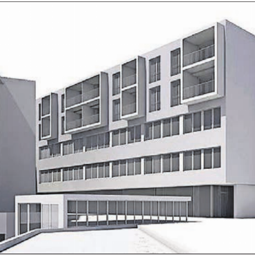 Weiteren Meilenstein setzen - Eine erste Visualisierung: Der frühere Haupteingang verändert mit dem neuen Annexbau (rechts) sein Gesicht komplex. Eine Passerelle führt zum geplanten Mehrfamilienhaus.