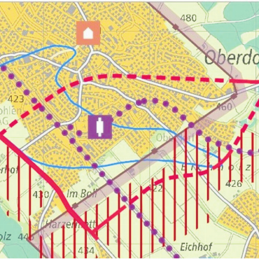 Neu auch eine Tunnelvariante - Die geplanten zwei Einträge im Richtplan (gestrichelte Linien) zeigen auf, wo die beiden Umfahrungsvarianten liegen könnten. Doch wie bisher liegt eine mögliche Realisation in weiter Ferne. Plan: pd