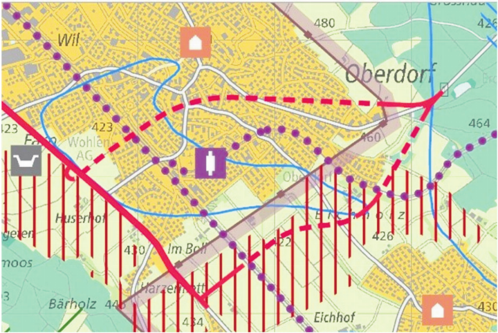 Die geplanten zwei Einträge im Richtplan (gestrichelte Linien) zeigen auf, wo die beiden Umfahrungsvarianten liegen könnten. Doch wie bisher liegt eine mögliche Realisation in weiter Ferne. Plan: pd