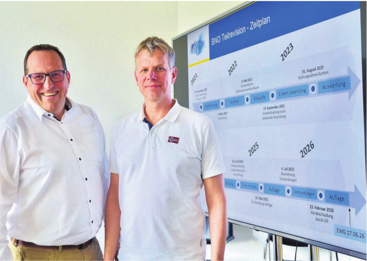 Gemeindeschreiber Frank Koch (l.) und Gemeindeammann Simon Zubler vor der langen Geschichte der BNO-Teilrevision. Bild: Thomas Stöckli Gemeindeschreiber Frank Koch (l.) und Gemeindeammann Simon Zubler vor der langen Geschichte der BNO-Teilrevision. Bild: Thomas Stöckli