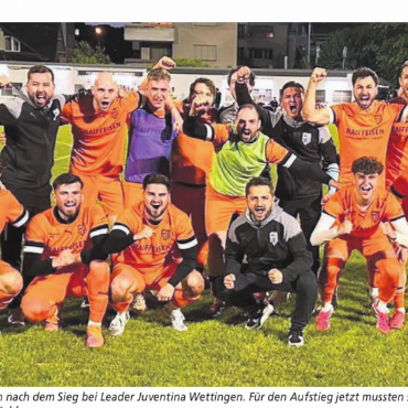 Aufstieg im Public Viewing - Der FC Merenschwand jubelt vor rund vier Wochen nach dem Sieg bei Leader Juventina Wettingen. Für den Aufstieg jetzt mussten sich die Freiämter hingegen nicht mal umziehen. Sie gewannen forfait gegen Koblenz. Bild: zg