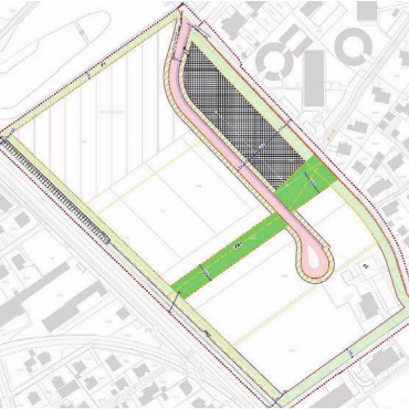 Zentrale Bedeutung - Der Erschliessungsplan Wil/Huebächer mit Erschliessungsstrasse (rot), Aufenthaltsraum (dunkelgrün) und Bereich Parkhaus (kariert). Bild: gk
