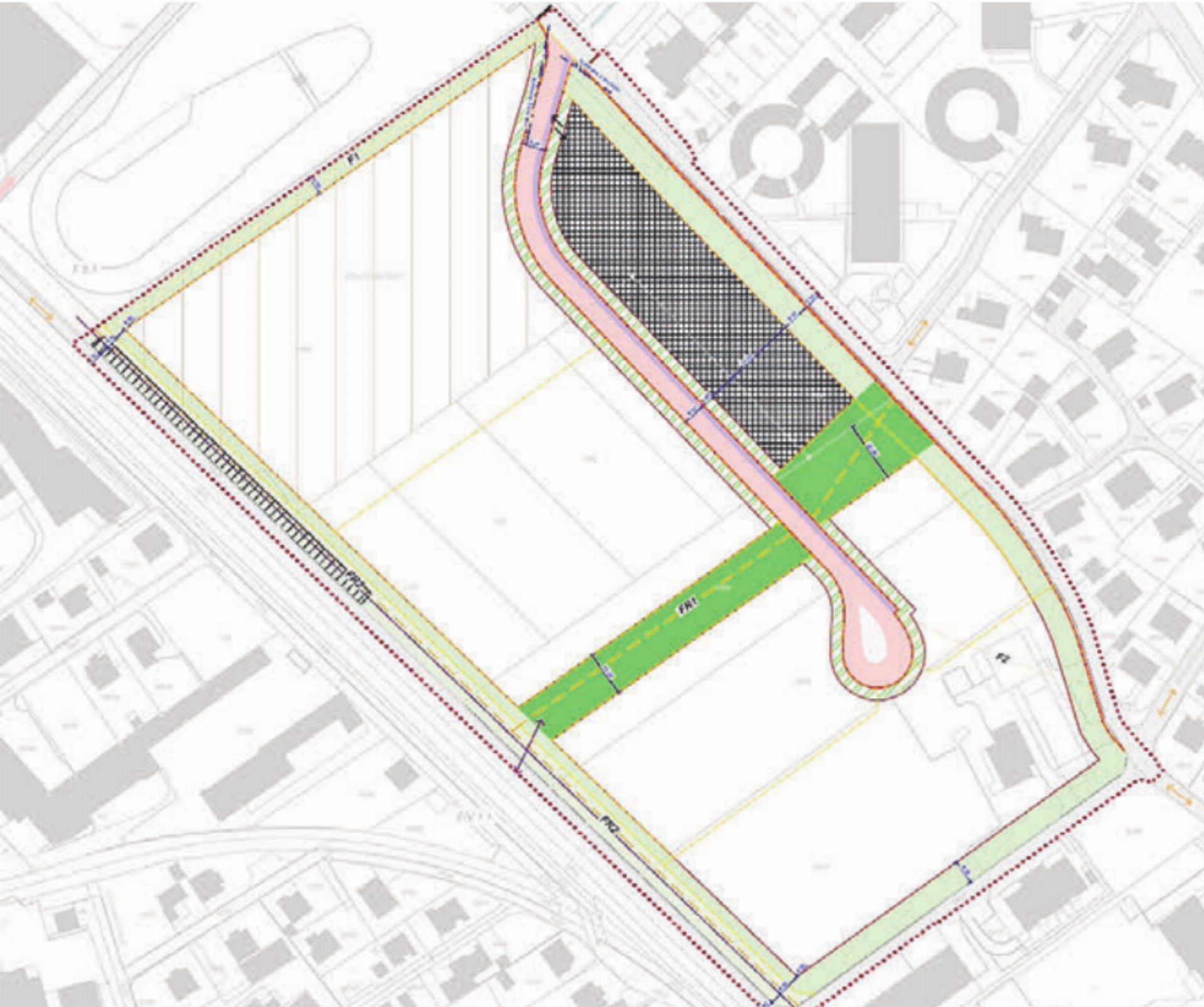 Der Erschliessungsplan Wil/Huebächer mit Erschliessungsstrasse (rot), Aufenthaltsraum (dunkelgrün) und Bereich Parkhaus (kariert). Bild: gk - Das Bild wird blockiert. – Möglicherweise durch einen aktiven Adblocker.