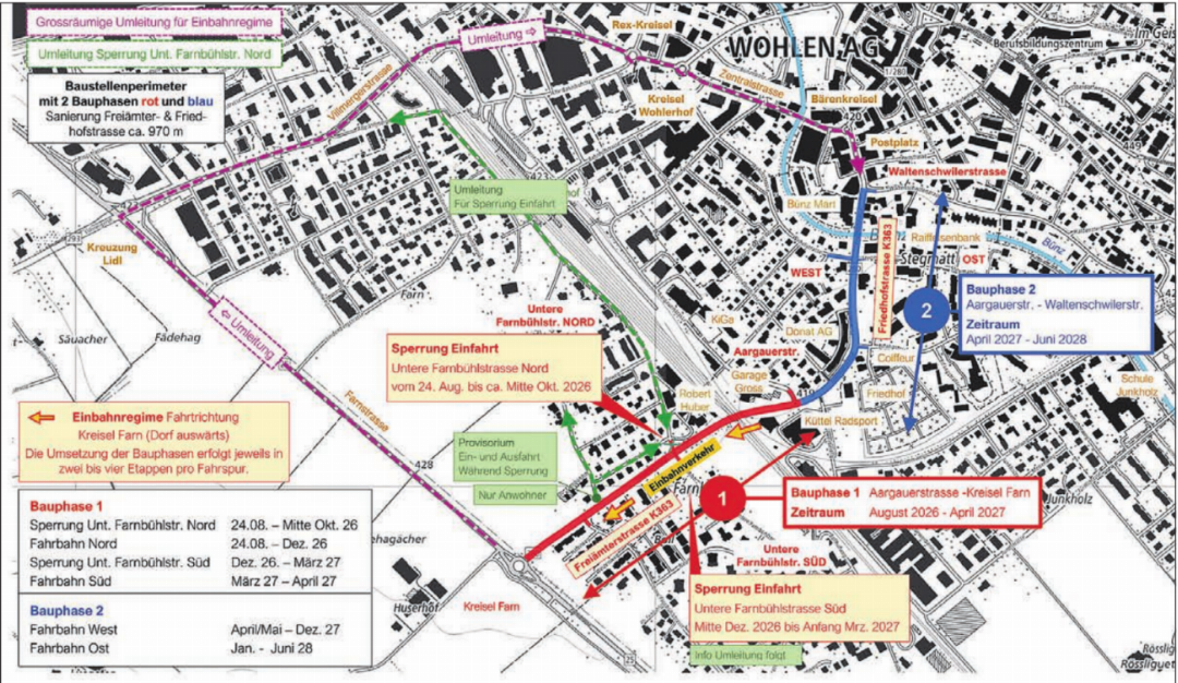 Der Plan zeigt den Ablauf der Sanierung mit den zwei Bauphasen und die geplante Umleitung dorfeinwärts. Betroffen sind teilweise auch die Einfahrten in die Untere Farnbühlstrasse.
Plan: pd Der Plan zeigt den Ablauf der Sanierung mit den zwei Bauphasen und die geplante Umleitung dorfeinwärts. Betroffen sind teilweise auch die Einfahrten in die Untere Farnbühlstrasse.
Plan: pd